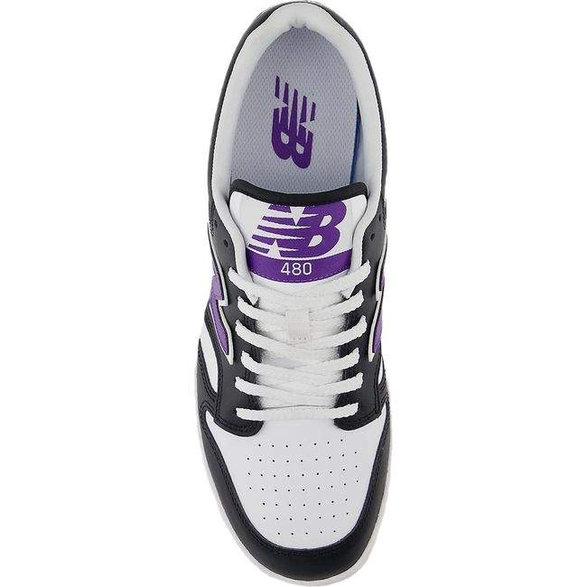 Top down view of Unisex New Balance 480 Lifestyle Shoe in black, white, and purple leather