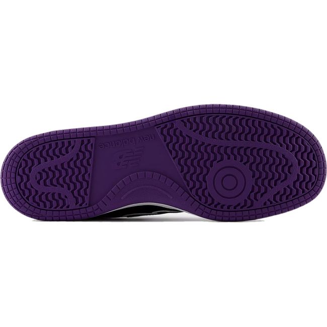 Sole of Unisex New Balance 480 Lifestyle Shoe in black, white, and purple with purple outsole
