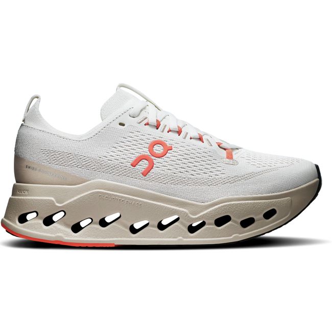 Lateral side of Women's On Running Cloudsurfer Max Cushioned Running Shoe in white, Ivory, Salmon