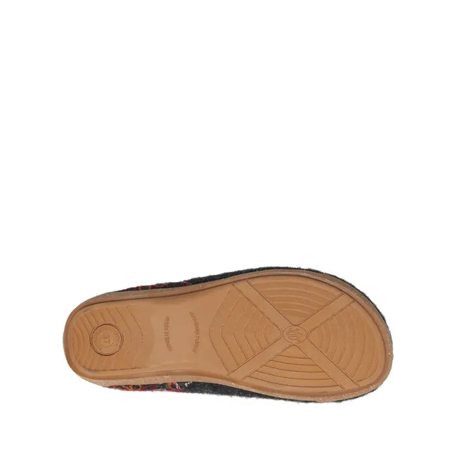Sole of Womens Taos Woolflower Slipper in charcoal wool. Tan midsole and tread