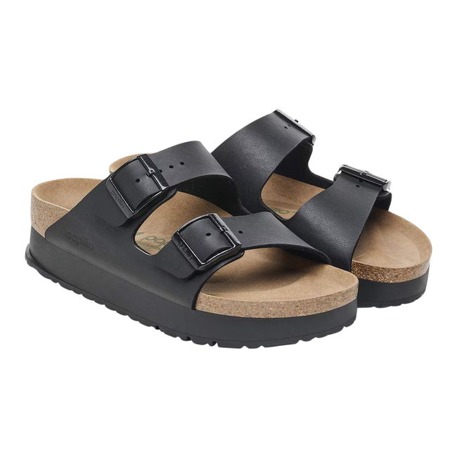 Angled Side of Birkenstock Women's Arizona Vegan Platform Sandal in Black