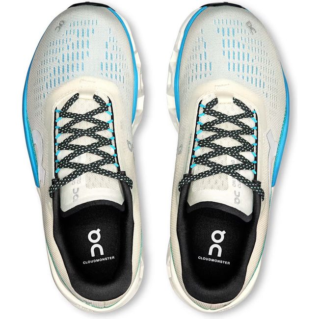 Top down view of On Running Women's Cloudmonster 2 Running Shoes in cream and horizon blue