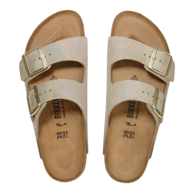 Tops of Birkenstock Women's Arizona Suede Sandal in Shimmering Taupe
