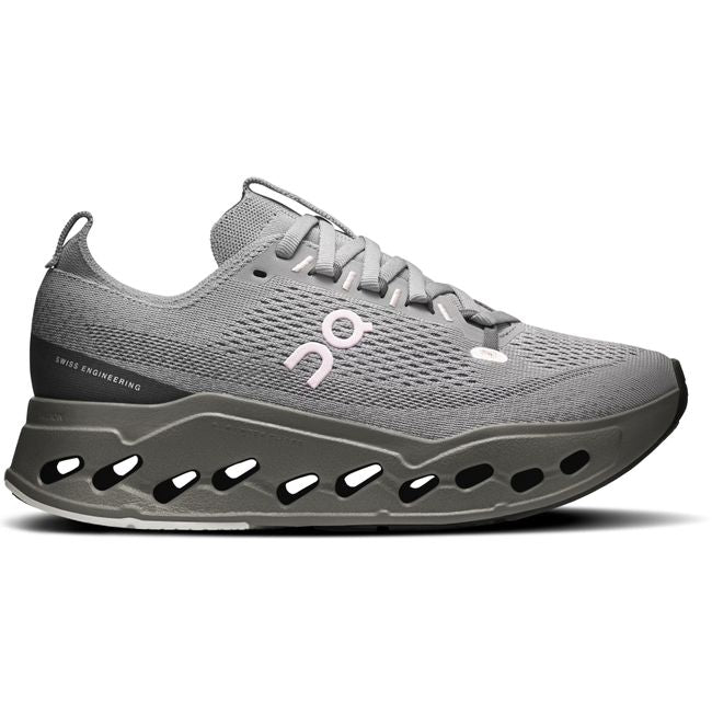 Lateral side of Women's On Running Cloudsurfer Max Cushioned Running Shoe in Alloy Asphalt Gray