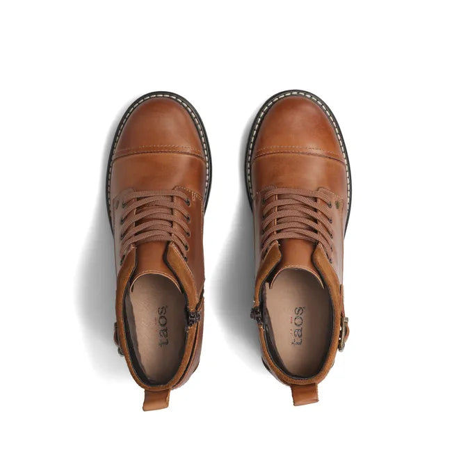 Top down view of Womens Taos Mini Crave Boot in caramel leather. Ankle boot and lace up closure