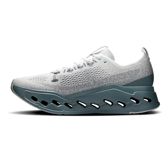 Medial side of On Running Men's Cloudsurfer Max Running Shoe in Olive Iceberg