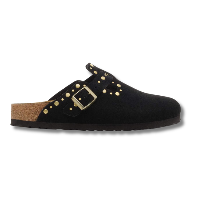 Lateral side of Birkenstock Women's Boston Rivet Border Suede Clog in Black