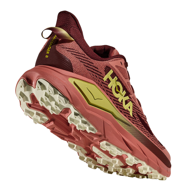 Angled Heel of Hoka Women's Challenger 8 Trail Running Shoe in Dark Cedar Red