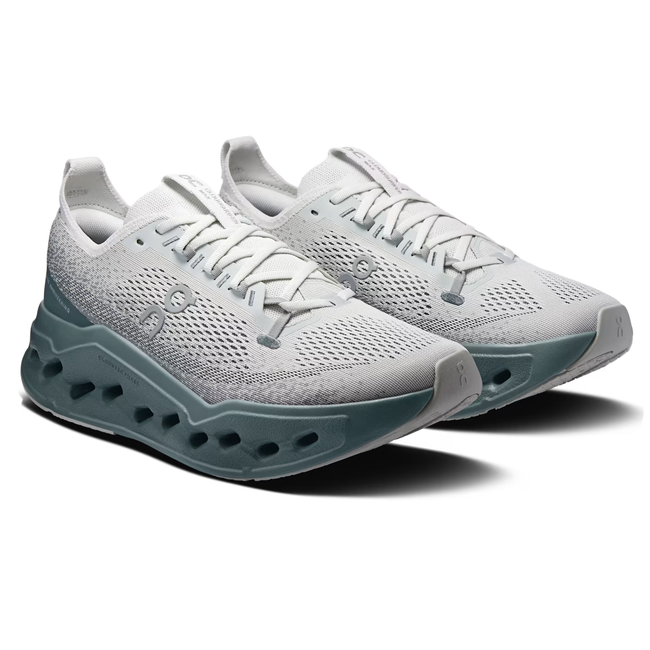 Angled Pair of On Running Men's Cloudsurfer Max Running Shoe in Olive Iceberg
