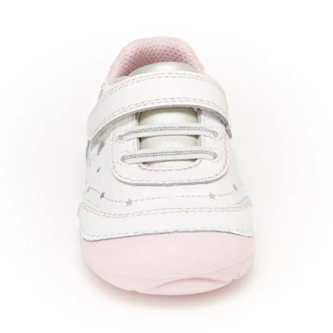 Front view of the Stride Rite Adalyn in cream white with silver hook and loop strap