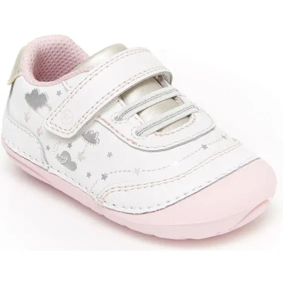 Stride Rite Adalyn sneaker in cream white leather with silver clouds and pale pink sole