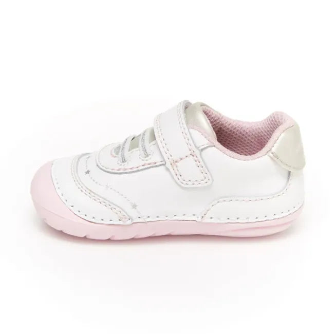 Left side profile of the Stride Rite Adalyn in cream white leather with pale pink sole
