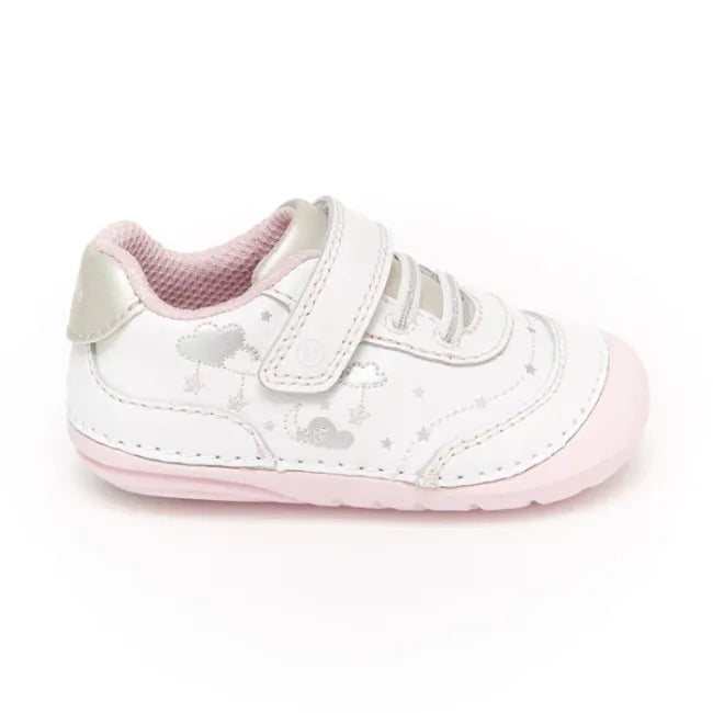 Right side profile of the Stride Rite Adalyn in cream white with silver cloud print