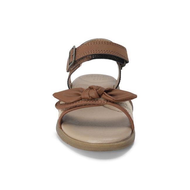 Front view of the Stride Rite Whitney sandal in warm tan with a knotted bow