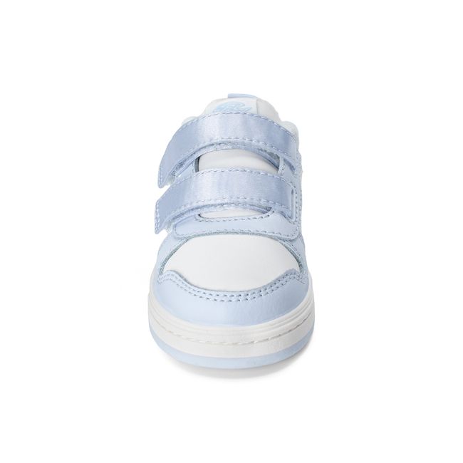 Front view of the Stride Rite Denver in pale blue satin with double straps