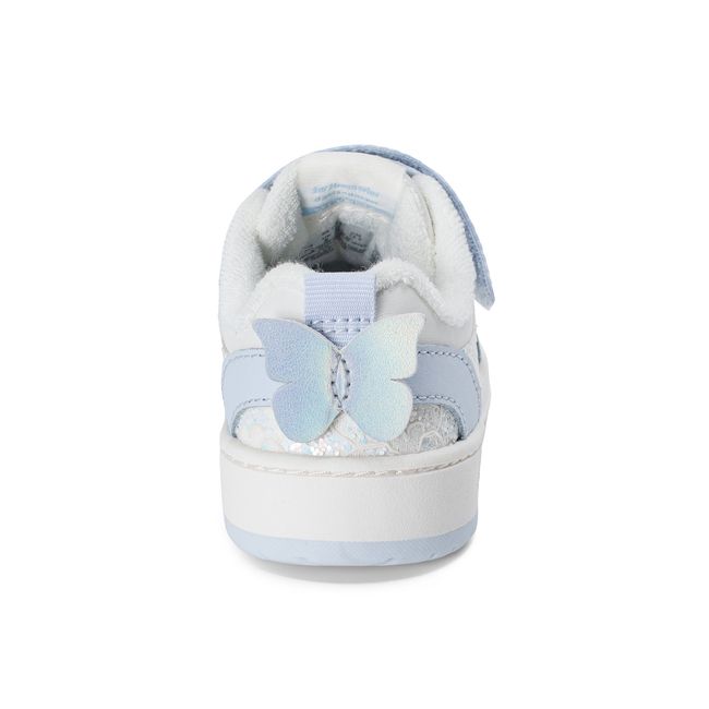 Rear heel view of the Stride Rite Denver in pale blue satin with a bow detail