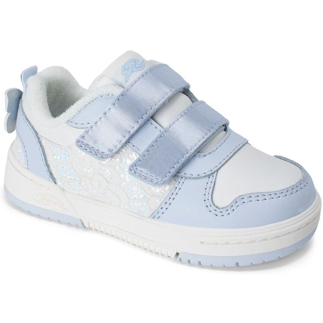 Stride Rite Denver skate sneaker in pale blue satin with a white sole, angled view