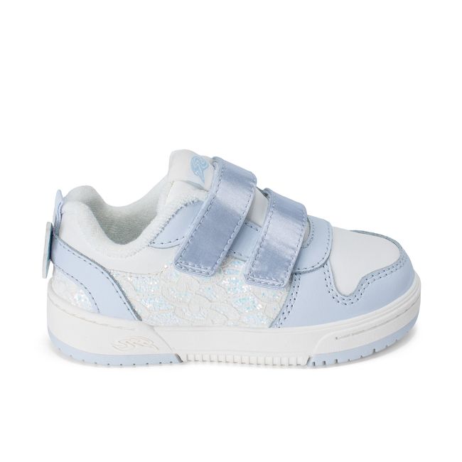 Right side profile of the Stride Rite Denver in pale blue satin with a low profile