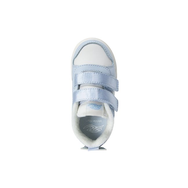 Top down view of the Stride Rite Denver in pale blue satin with iridescent panels