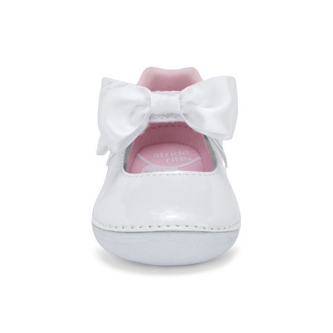 Front view of the Stride Rite Solange Mary Jane in white patent with a satin bow
