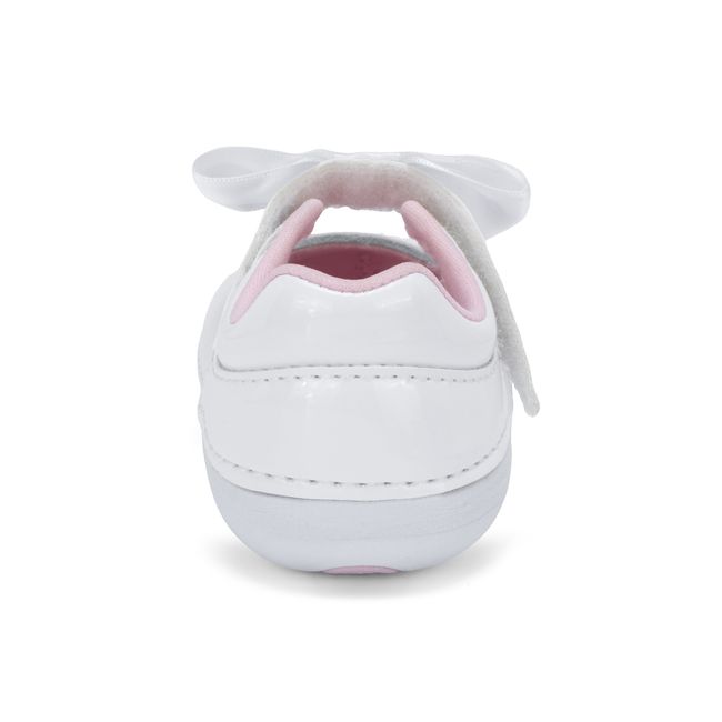 Rear heel view of the Stride Rite Solange Mary Jane in white patent leather