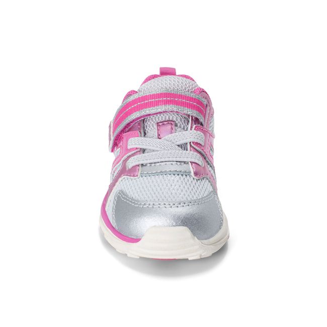 Front view of the Stride Rite Velocity in metallic pink with elastic laces