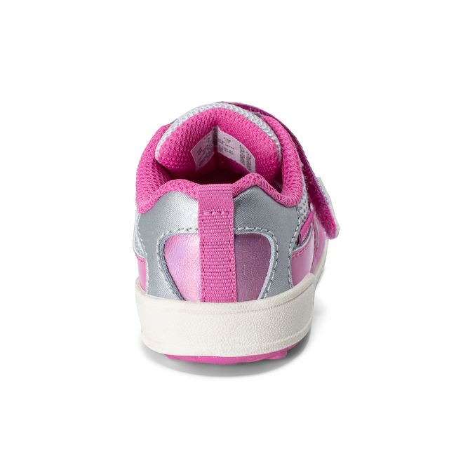 Rear heel view of the Stride Rite Velocity in metallic pink with a pull tab