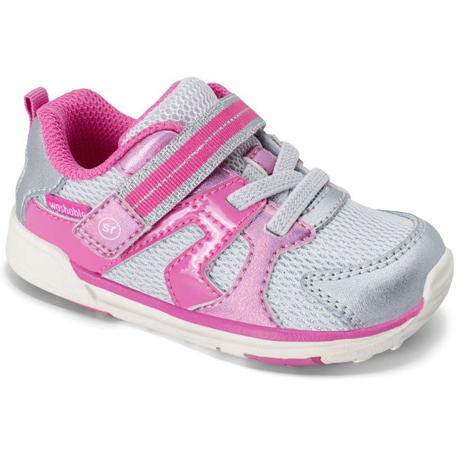 Stride Rite Velocity sneaker in metallic pink and silver mesh, angled view