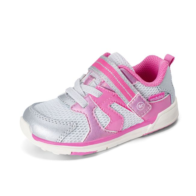 Stride Rite Velocity in metallic pink and silver, angled view of the opposite side