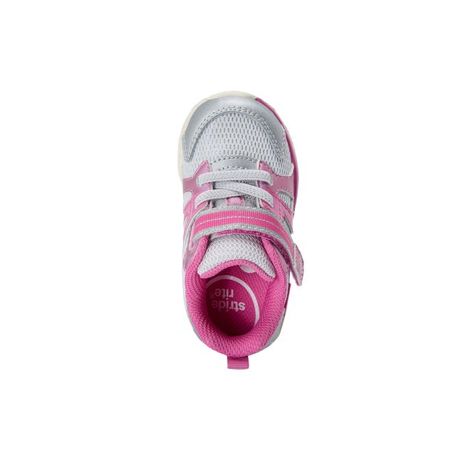 Top down view of the Stride Rite Velocity in metallic pink and silver mesh