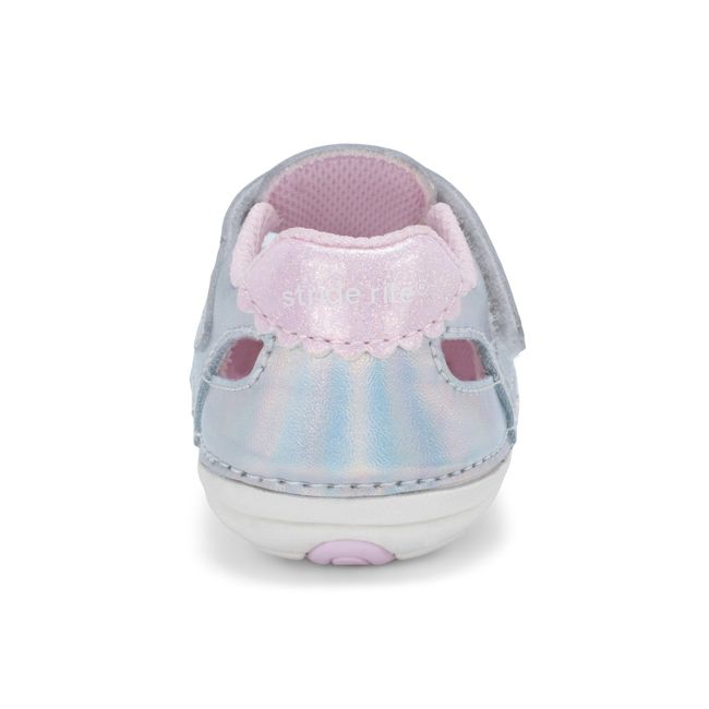 Rear heel view of the Stride Rite Blossom sandal in iridescent silver leather