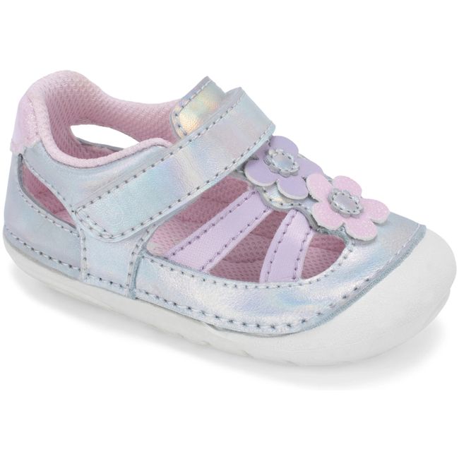 Stride Rite Blossom sandal in iridescent silver leather with lilac flowers