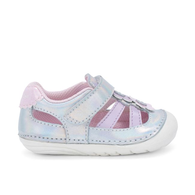 Right side profile of the Stride Rite Blossom sandal in iridescent silver leather