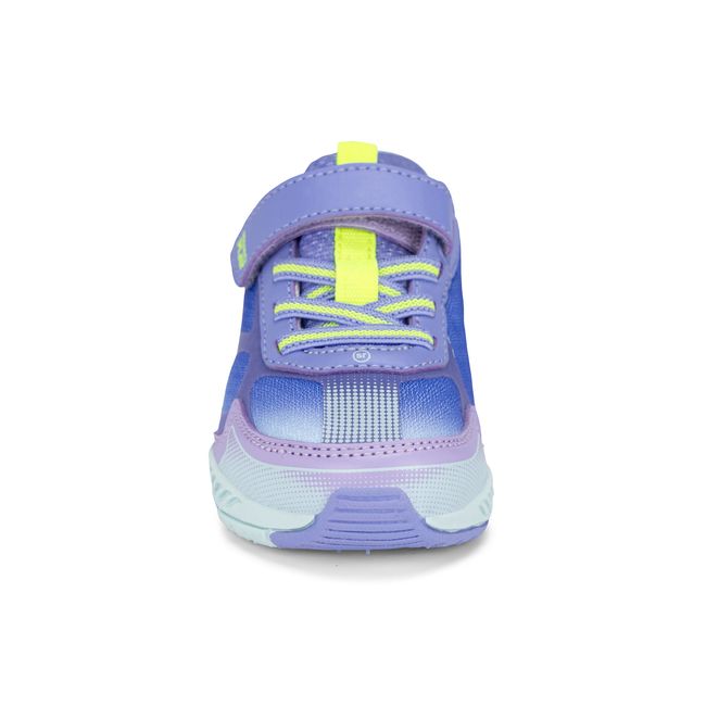 Front view of the Stride Rite Hypersonic in soft purple with neon yellow-green laces