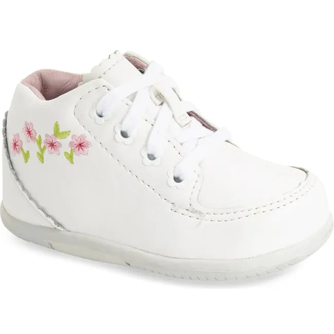 Stride Rite Emilia first walker shoe in cream white leather with pink floral embroidery