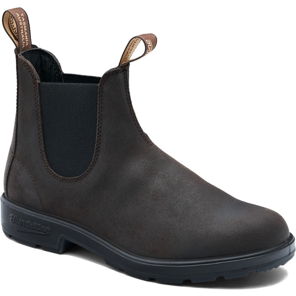 Three-quarter view of Blundstone Unisex Originals 2610 Chelsea Boot in Dark Brown Suede
