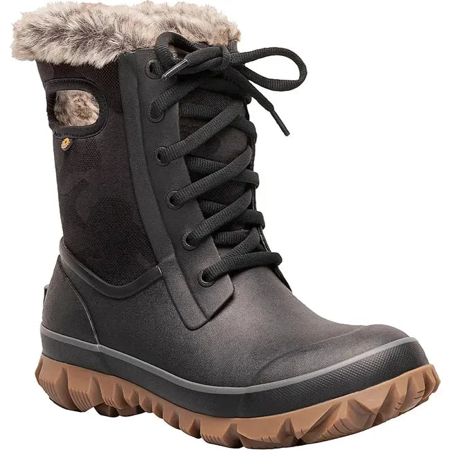 Front angled view of Women&#39;s Bogs Arcata Tonal Camo Waterproof Boot in Black with fur lining