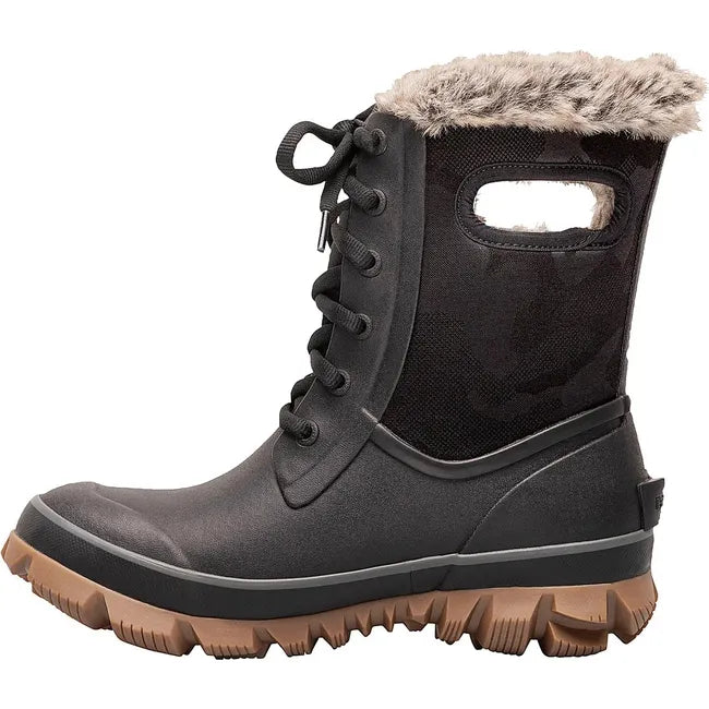 Medial side of Women&#39;s Bogs Arcata Tonal Camo Waterproof Boot in Black with fur lining