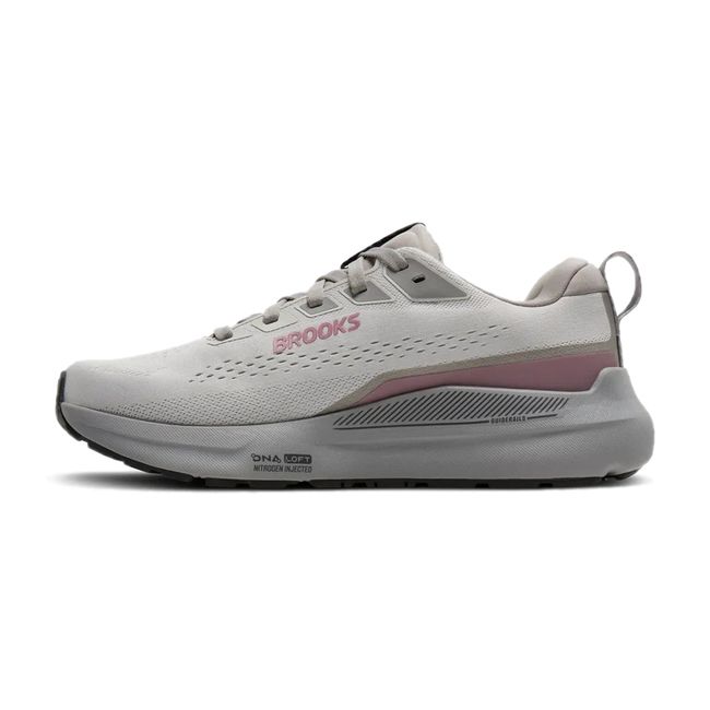 Medial profile of Brooks Ariel GTS 26 in oyster mushroom and alloy showing broad base midsole and roomy mesh upper