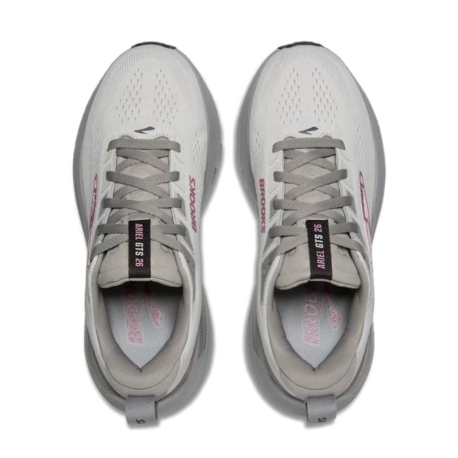Top-down pair of Brooks Ariel GTS 26 in grey showing roomy mesh upper with pink Brooks logo accent detail
