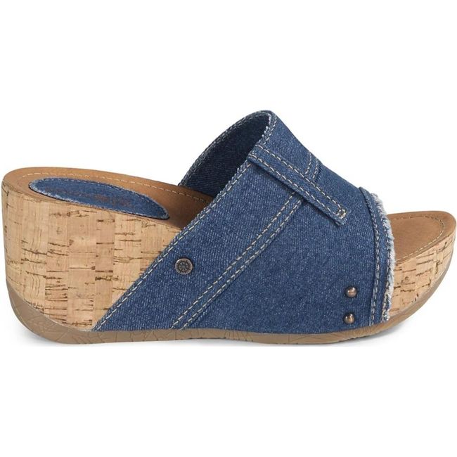 Lateral side of Women's Bussola Felicia Wedge Sandal in Denim Blue with cork wrapped sole