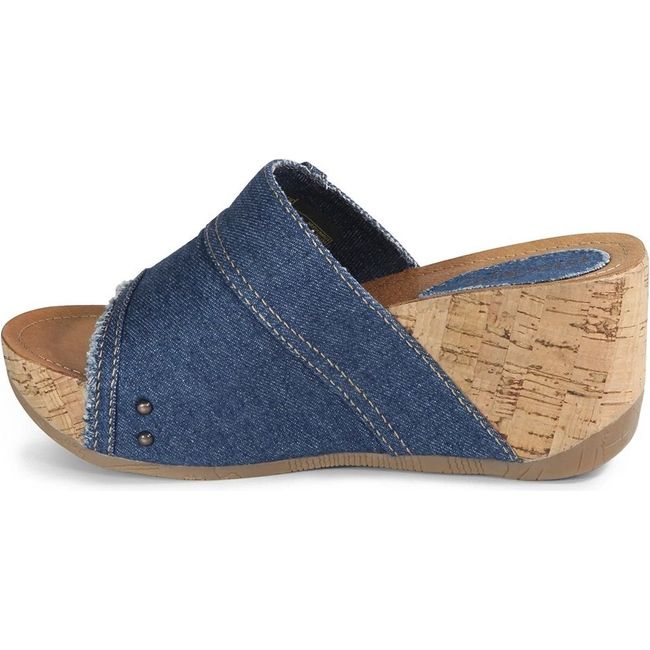 Medial side of Women's Bussola Felicia Wedge Sandal in Denim Blue with cork wrapped sole
