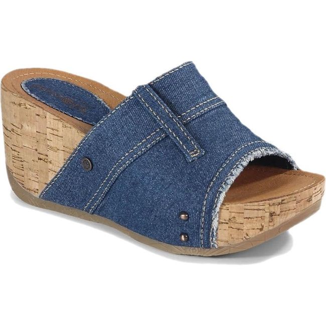 Front angled view of Women's Bussola Felicia Wedge Sandal in Denim Blue with cork wrapped sole