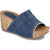 Front angled view of Women's Bussola Felicia Wedge Sandal in Denim Blue with cork wrapped sole