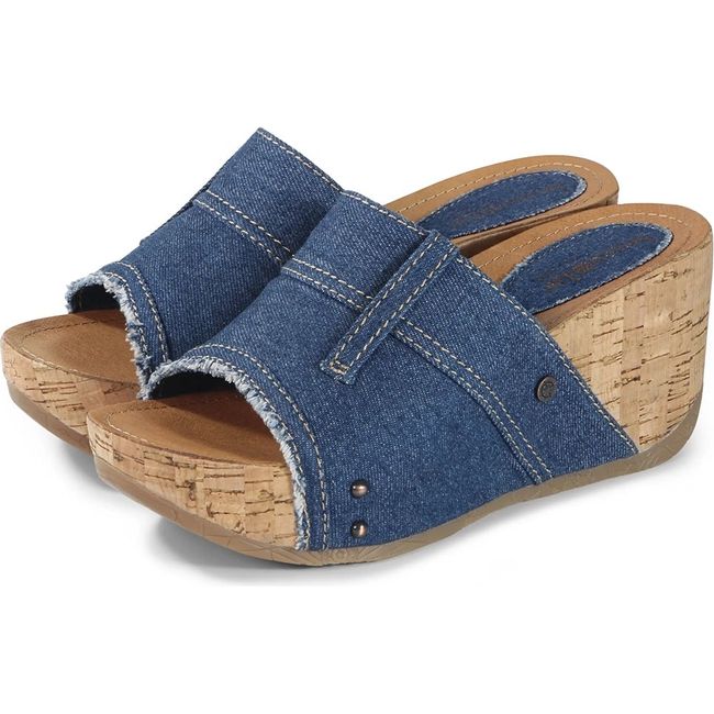 Pair of Women's Bussola Felicia Wedge Sandals in Denim Blue with cork wrapped sole