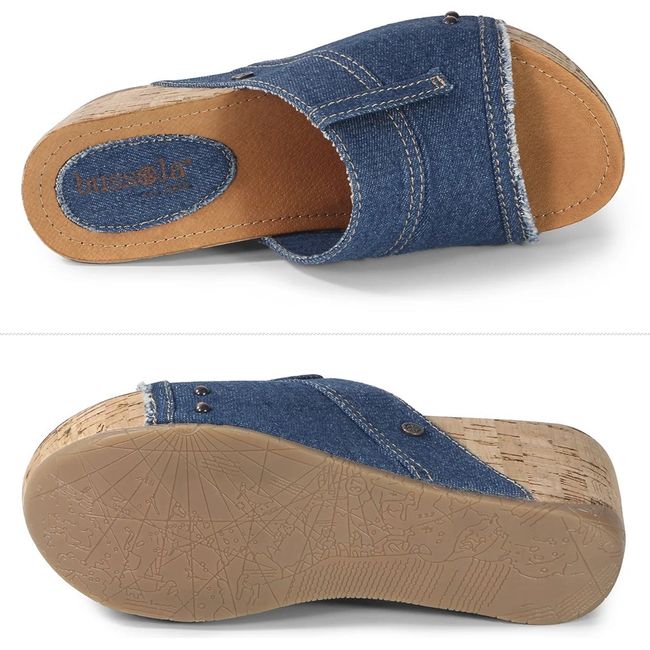 Pair showing upper and sole of Women's Bussola Felicia Wedge Sandal in Denim with cork wrapped sole
