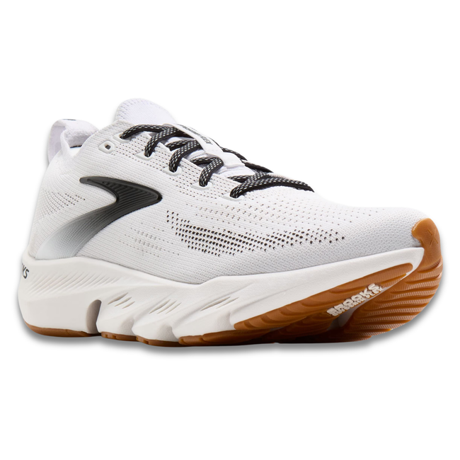 Front angled view of Brooks Men's Glycerin Flex Running Shoe in White Black Gum
