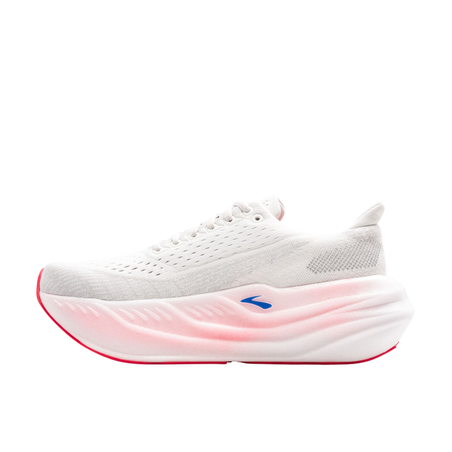 Medial of Women&#39;s Brooks Glycerin Max Running Shoe. White upper and max cushion pink sole
