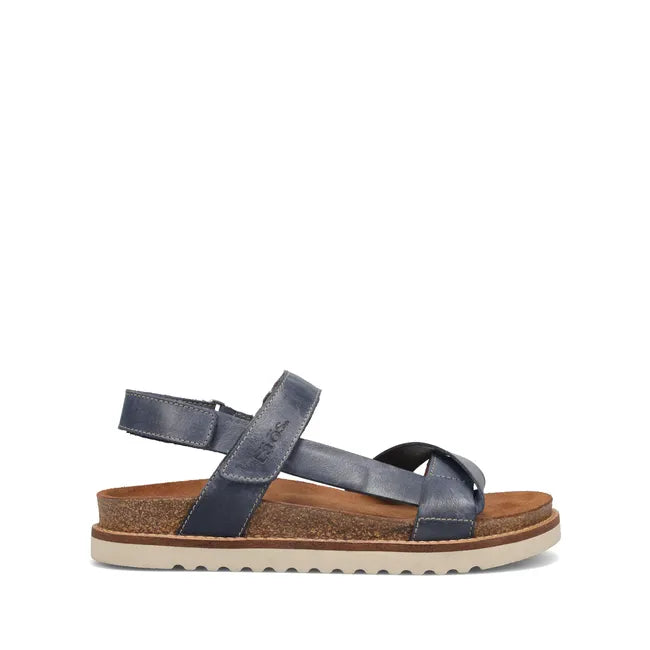 Lateral side of Women's Taos Sideways Sandal in Dark Blue leather with velcro straps and cork
