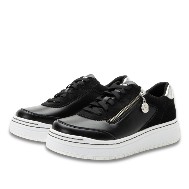 Pair of Alegria Women's Averie Sneakers in Black Convertible with side zipper
